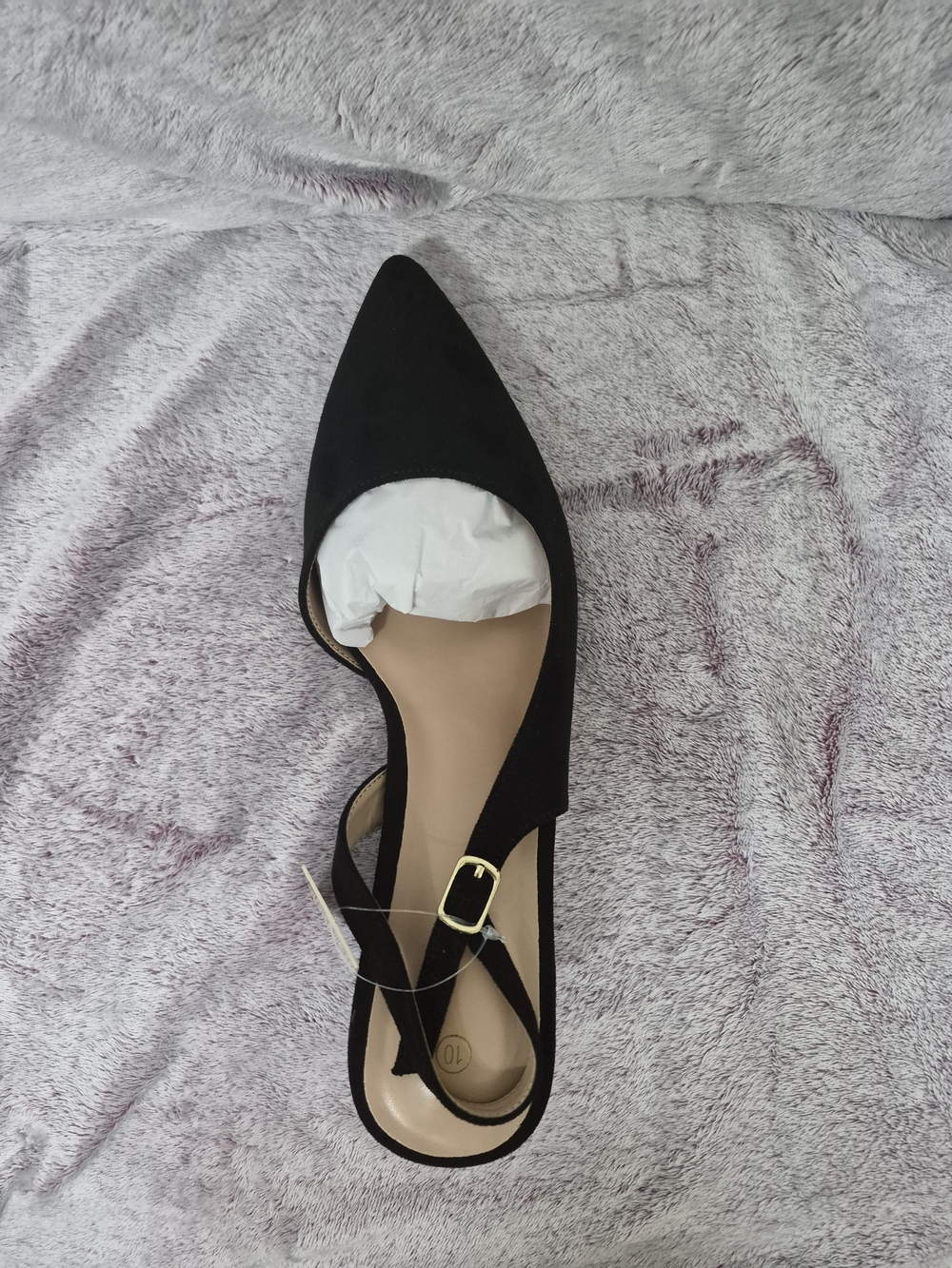 Women's Black Pointed Slingback Flats with Gold Buckle